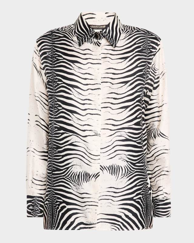 Zebra-Print Button-Down Silk Shirt